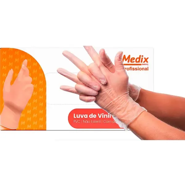 Luva de Vinil Com Pó Medix Uso Profissional Transparente Caixa com 100 Unidades